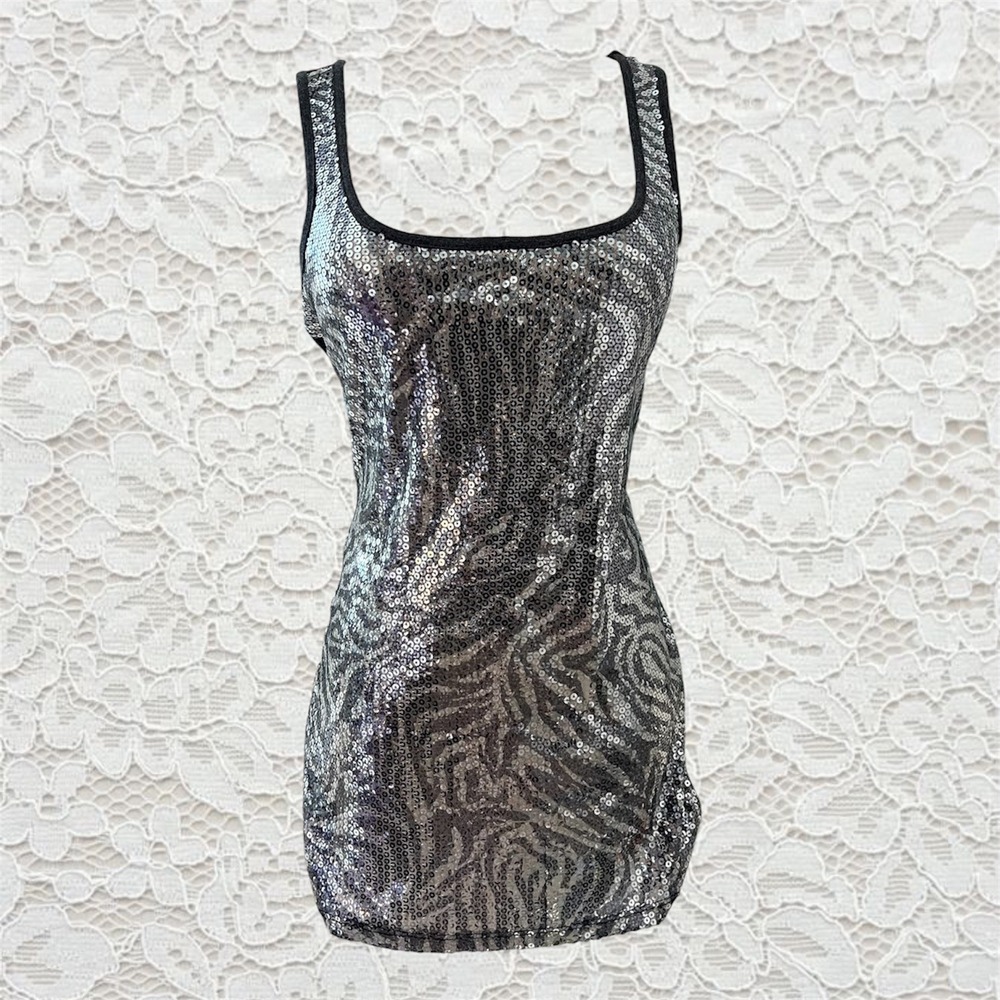 vintage y2k zebra printed sequin indie sleaze fitted tank top